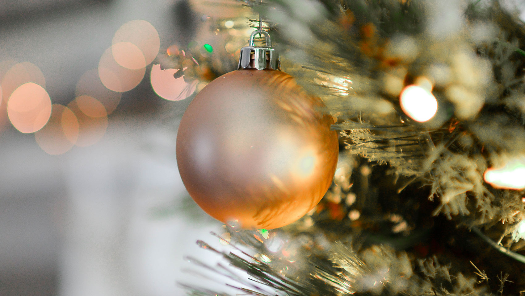 gold ornament on pine tree