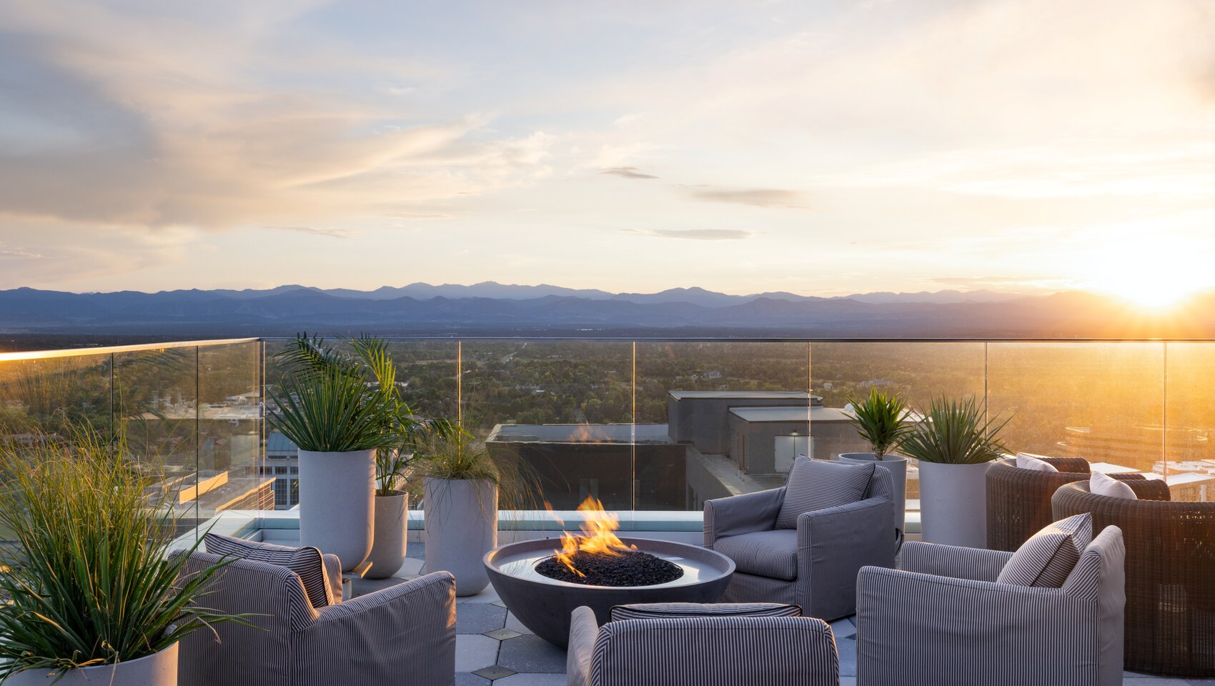 Mountain views from Halo Rooftop Bar outdoor terrace at Kimpton Claret Hotel