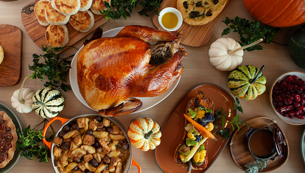 overhead view of Thanksgiving dinner spread